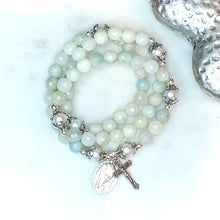 Load image into Gallery viewer, Vintage Marian Apparition Medal and Green Blue Aquamarine Quartz Triple Rosary Wrap Bracelet