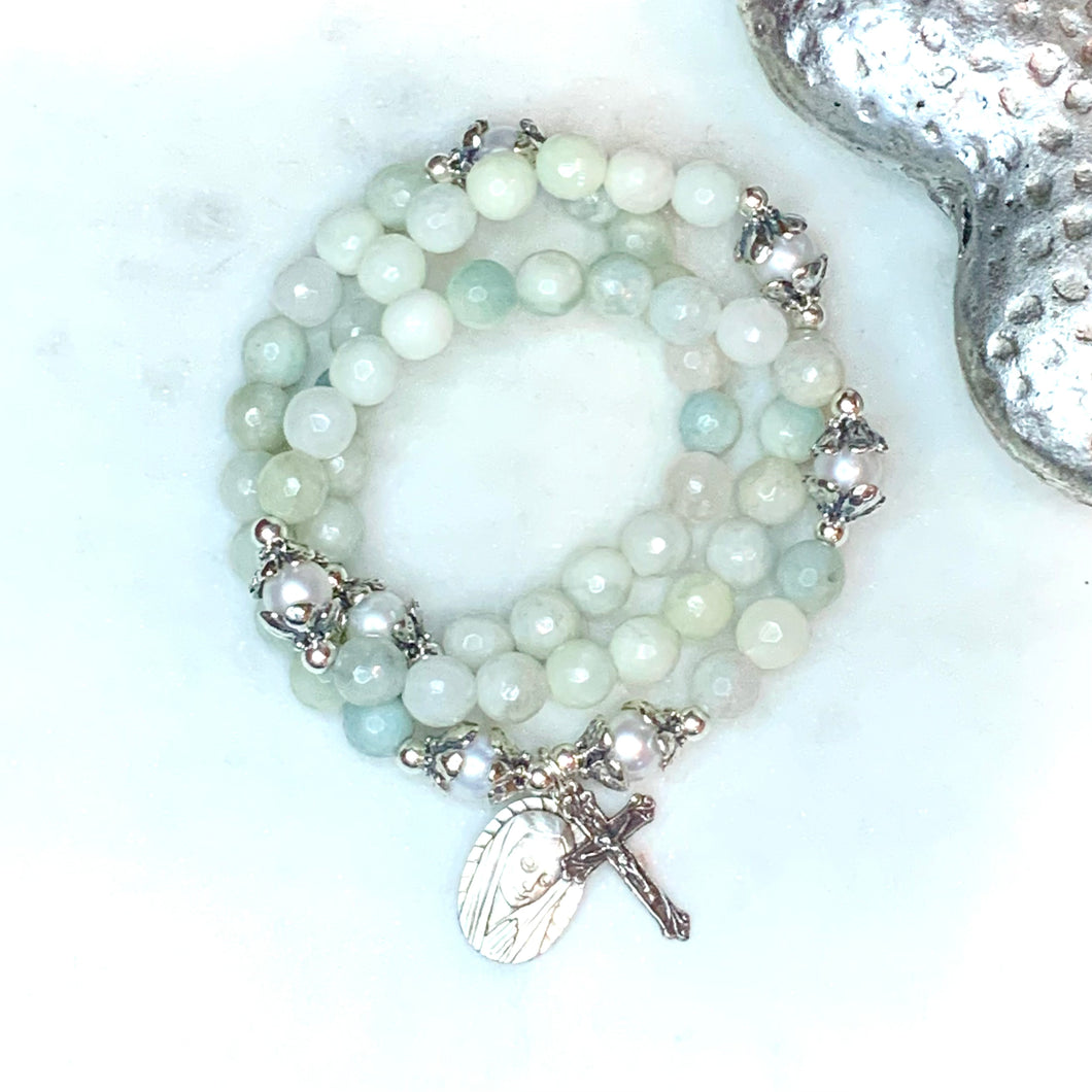 Vintage Marian Apparition Medal and Green Blue Aquamarine Quartz Triple Rosary Wrap Bracelet