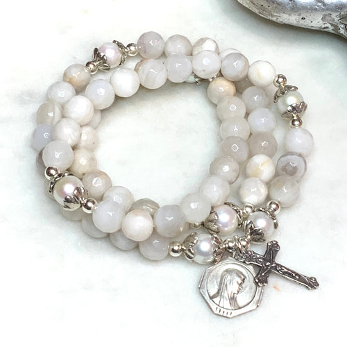 Vintage Our Lady of Lourdes Crazy Lace Agate Triple Rosary Wrap Bracelet