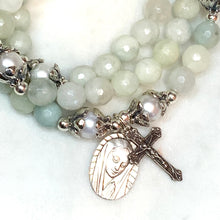 Load image into Gallery viewer, Vintage Marian Apparition Medal and Green Blue Aquamarine Quartz Triple Rosary Wrap Bracelet