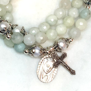 Vintage Marian Apparition Medal and Green Blue Aquamarine Quartz Triple Rosary Wrap Bracelet