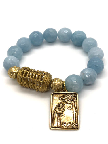 Artisan Solid Brass St. Francis Medal and Smooth Large Aquamarine Quartz